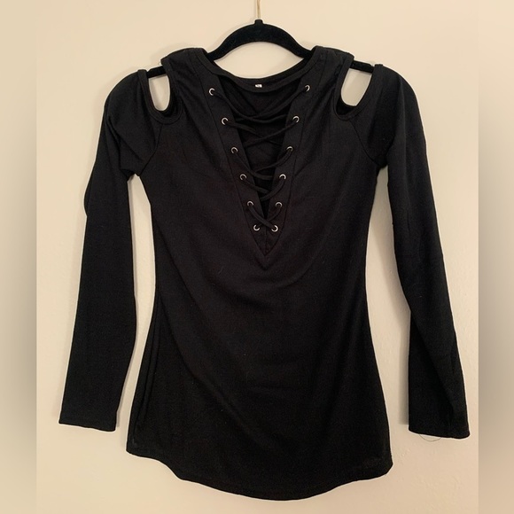 Tops - Black Criss Cross Lace Up Cold Shoulder Top